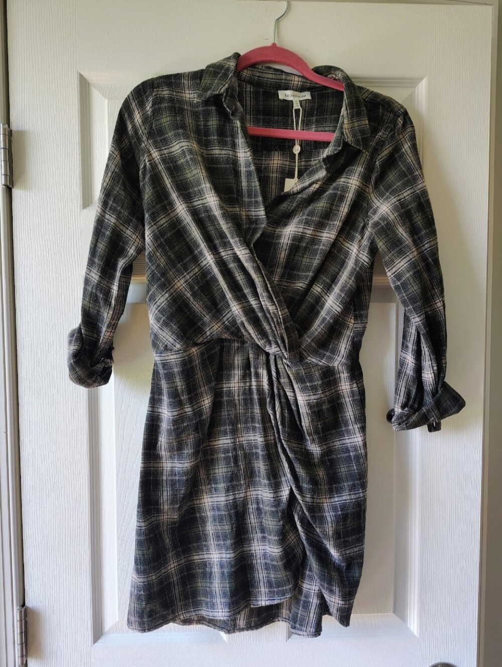 Heartloom Plaid Twist Front Faux Wrap Mini Dress Green Black NWT Size S